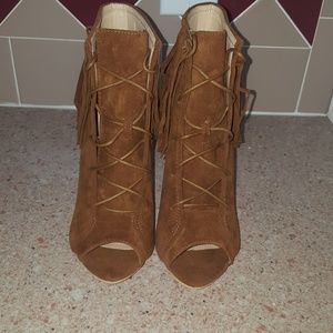 Fringe open toe booties